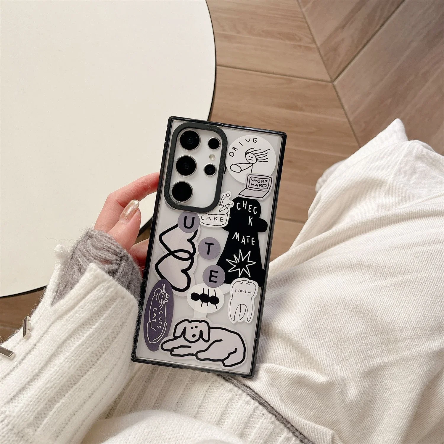 حافظة واقية كرتونية بسيطة ، حدود سوداء ، غطاء أكريليك لسامسونج جالاكسي S22 ، S23 ، S24 الترا ، S22 بلس