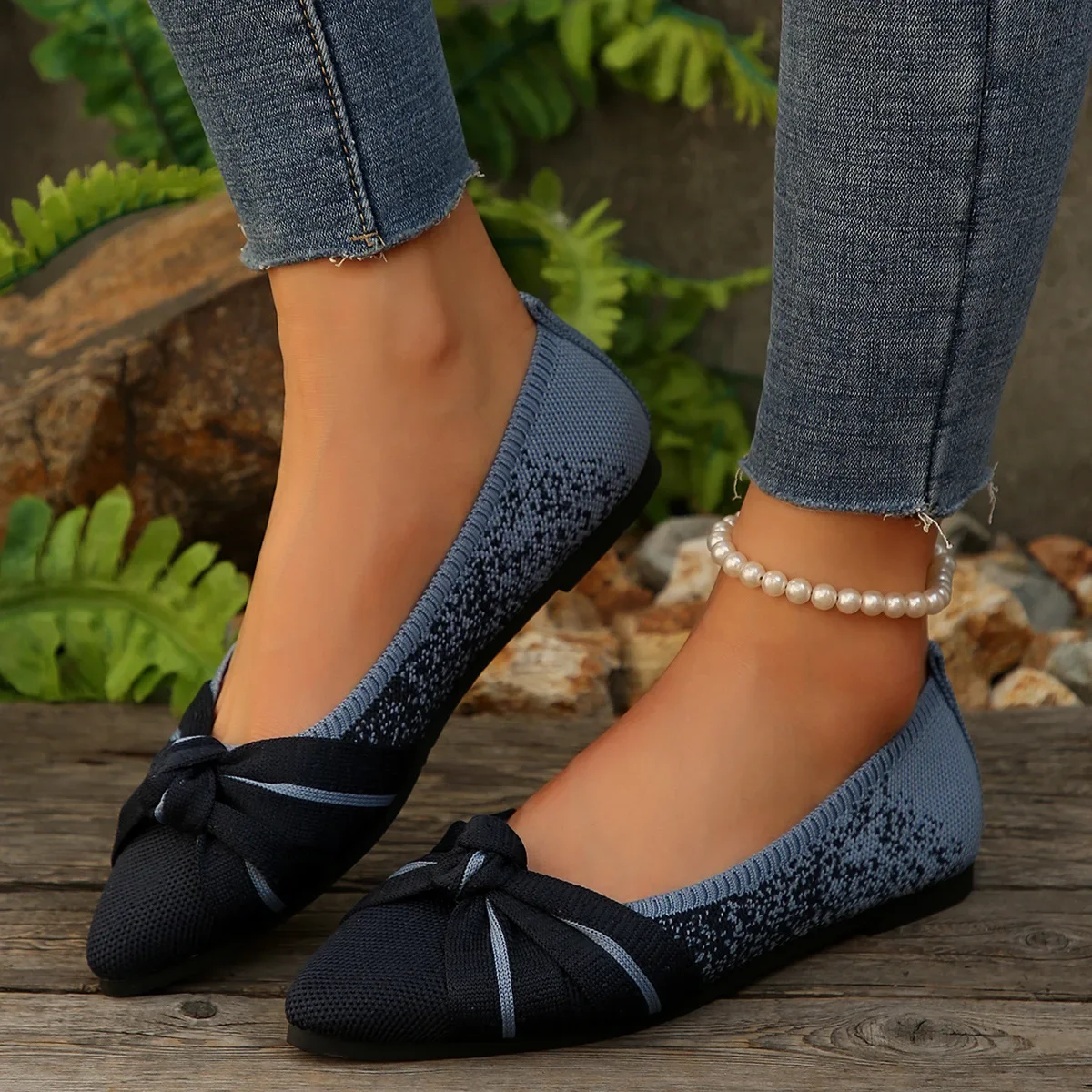 

2026 pointed large size flat single shoes fashionable fly-woven one-pedal bow breathable color matching casual women's shoes