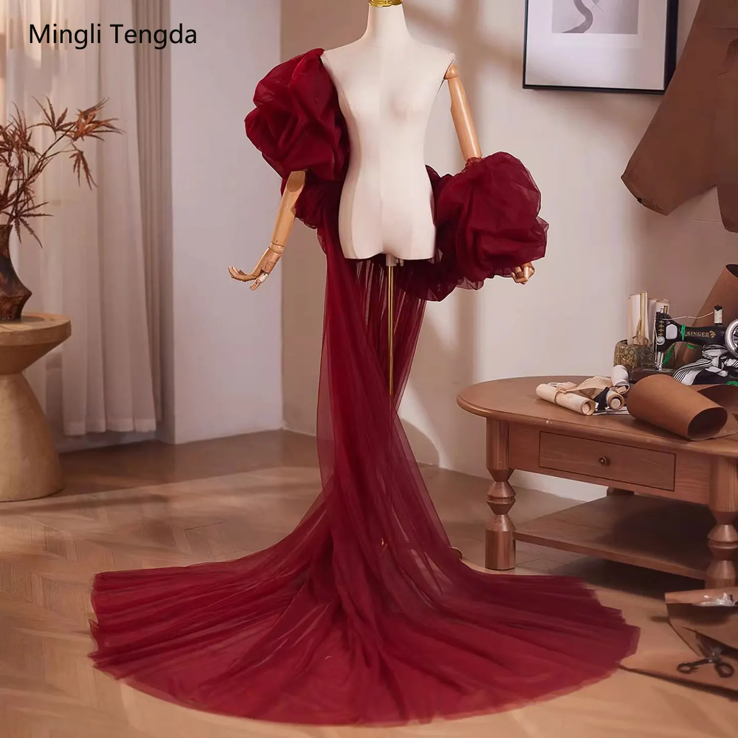 Mingli Tengda Bride Tulle Shawl Fashion Women Blouse Wine Chic Lush Party Wear Ruffle Jacket Custom Made Boleor Exaggerate Cloak