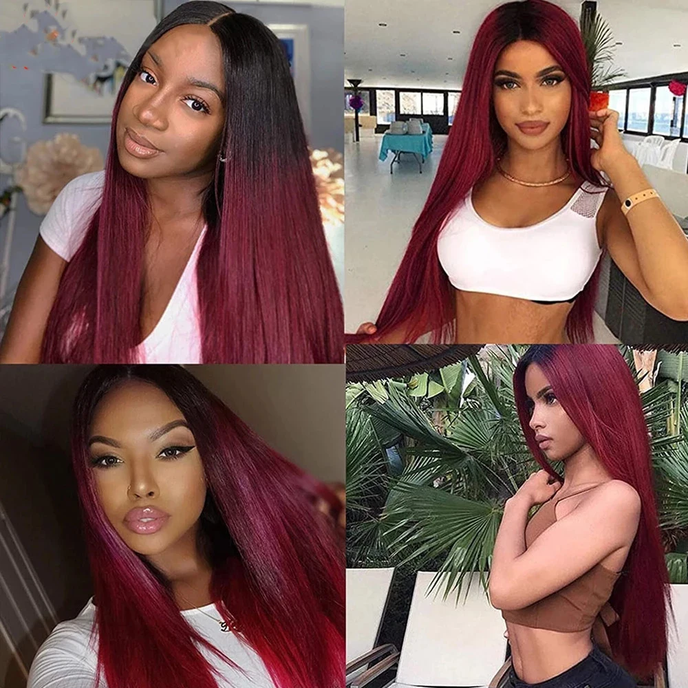 1B 99j Lace Front Wig Straight 4x4 Closure Wig Ombre Blonde Human Hair Wigs Pre Plucked 1B Burgundy Red Lace Frontal Wigs