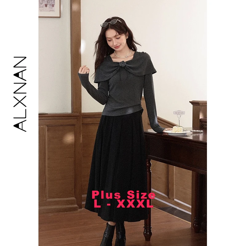 ALXNAN حجم كبير بلوفرات غير رسمية مائل الرقبة انفصال زهرة بروش سليم صالح تريكو لينة لطيف ركاب تاريخ الملابس D58518 #1