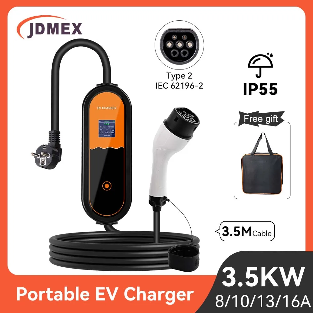 

JDMEX 3,5 кВт Портативное зарядное устройство для электромобилей GBT Зарядное устройство для электромобилей 16A Type2 Type1 3,5 м Кабильное зарядное устройство для электромобиля с регулируемым током