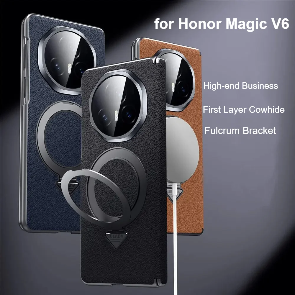 

High Quality Premium Business Cowhide Leather Case For Honor Magic V6 V5 V3 Magnetic Charge Rotable Bracket Anti-drop Back Cover