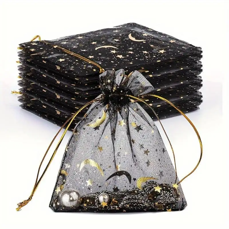 50 Pcs Large Black and Golden Embossed Mesh Bag, Star and Moon Organza Bag,Transparent Gift Packaging Bag- Pull-String Design