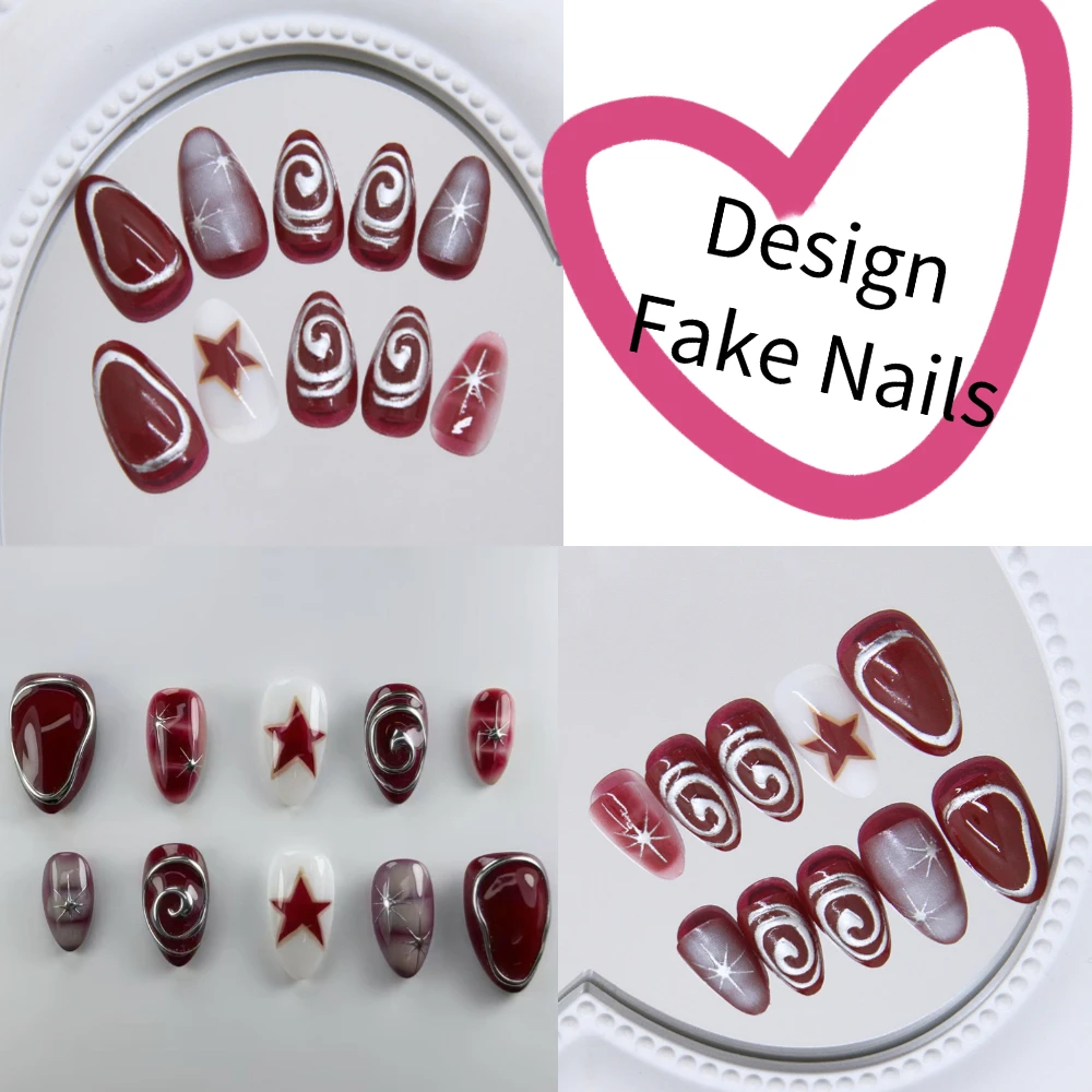 

24Pcs Y2K star Metallic Texture Fake Nail wit Sheet tape Red Mid-length Almond Press on False Nails for gils