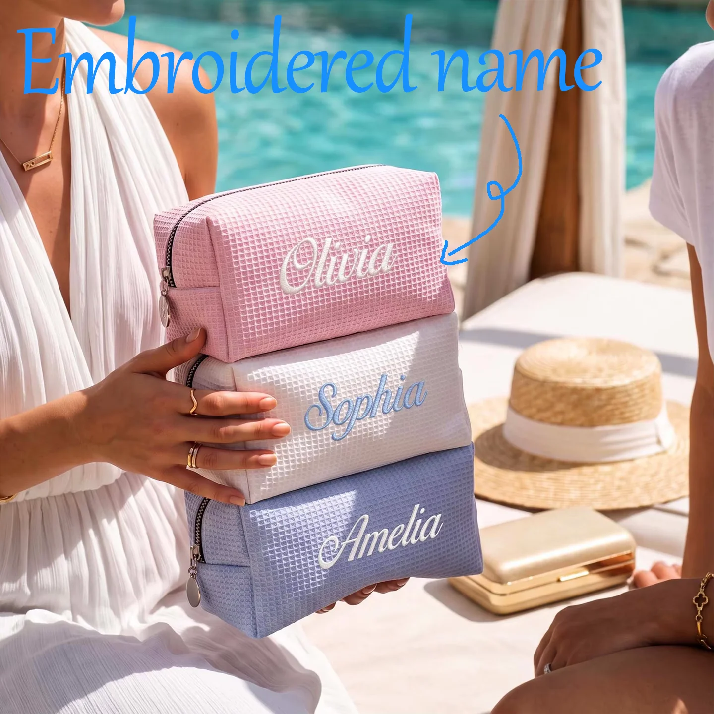 Personalized Embroidered Waffle Cosmetic Bag Monogram Makeup Pouch Bridesmaid Gift Custom Name Toiletry Bag Bridal Shower Gift