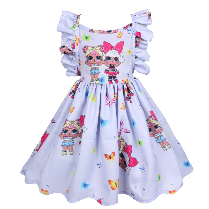 LOL-Robe de princesse à imprimé dessin animé pour filles, vêtements de poupées pour enfants, robe d'anniversaire pour enfants, chapeau pour fille, bébé, tout-petit, été