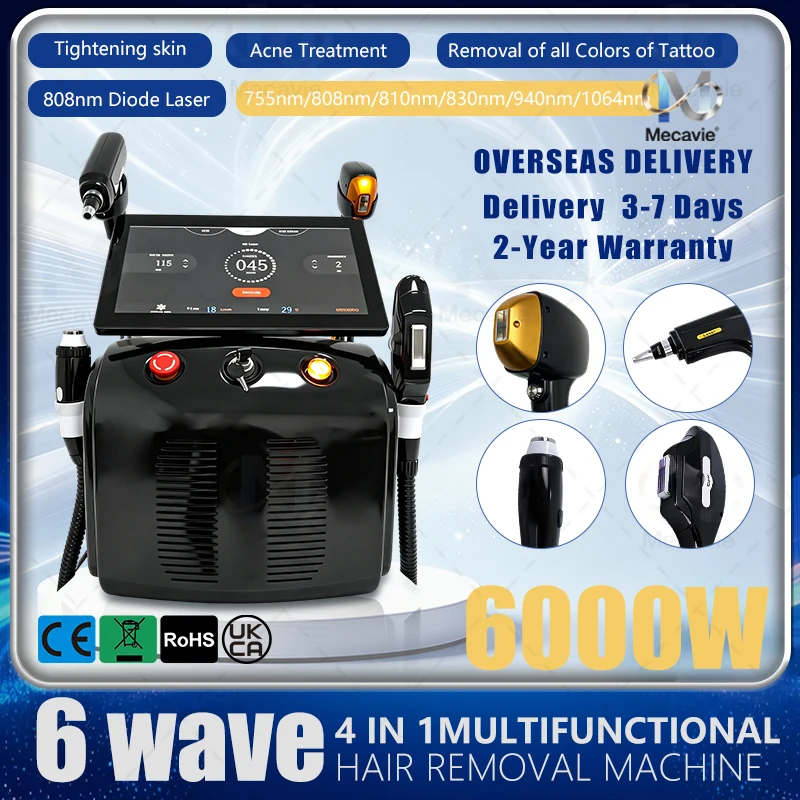 6000W 4 In 1 Beauty Machine 6 Waves Diode Laser Hair Removal Picosecond Tattoo Removal IPL Skin Rejuvenation RF Skin Tightening