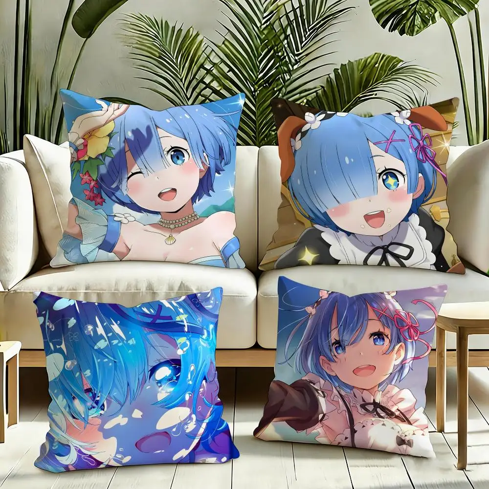 Anime R-Re Zero Rem Cushion Cover Silky Short Plush Invisible Zipper Dustproof Sofa Pillow Case for Home Decor