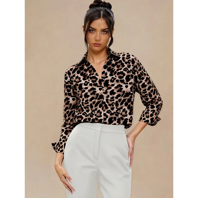 Women's Leopard Print Button-Up Elegant Long-Sleeve Jumpsuit