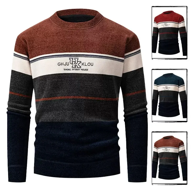 

New Autumn and Winter Fashion Trend Printed Thick Warm Striped Pullover For Men's Casual Loose Sports High-Quality Sweater M-3XL
