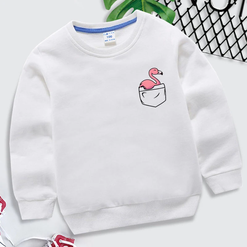 Flamingo Pocket Hoodeless Sweatshirts Kids Personality O Neck Pure Color Pullovers Children Casual Long Sleeves Sweatshirts Tops