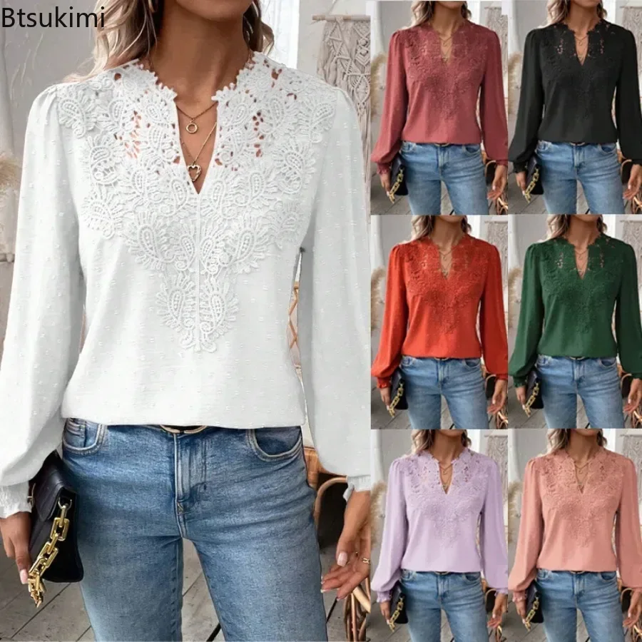 

2025 Women's Fashion Lace Splice Long Sleeve V-neck Blouses Vintage Lantern Sleeve Loose Casual T-shirt Spring Autumn Women Tops