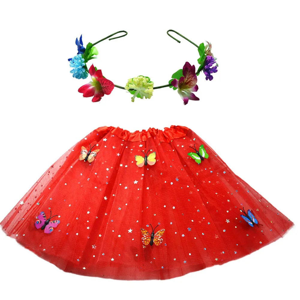 Kids Girl Butterfly Tulle Tutu Skirt Flower Headband Wreath  Party Ball Gown Birthday Gift Cosplay Christmas Halloween Costume