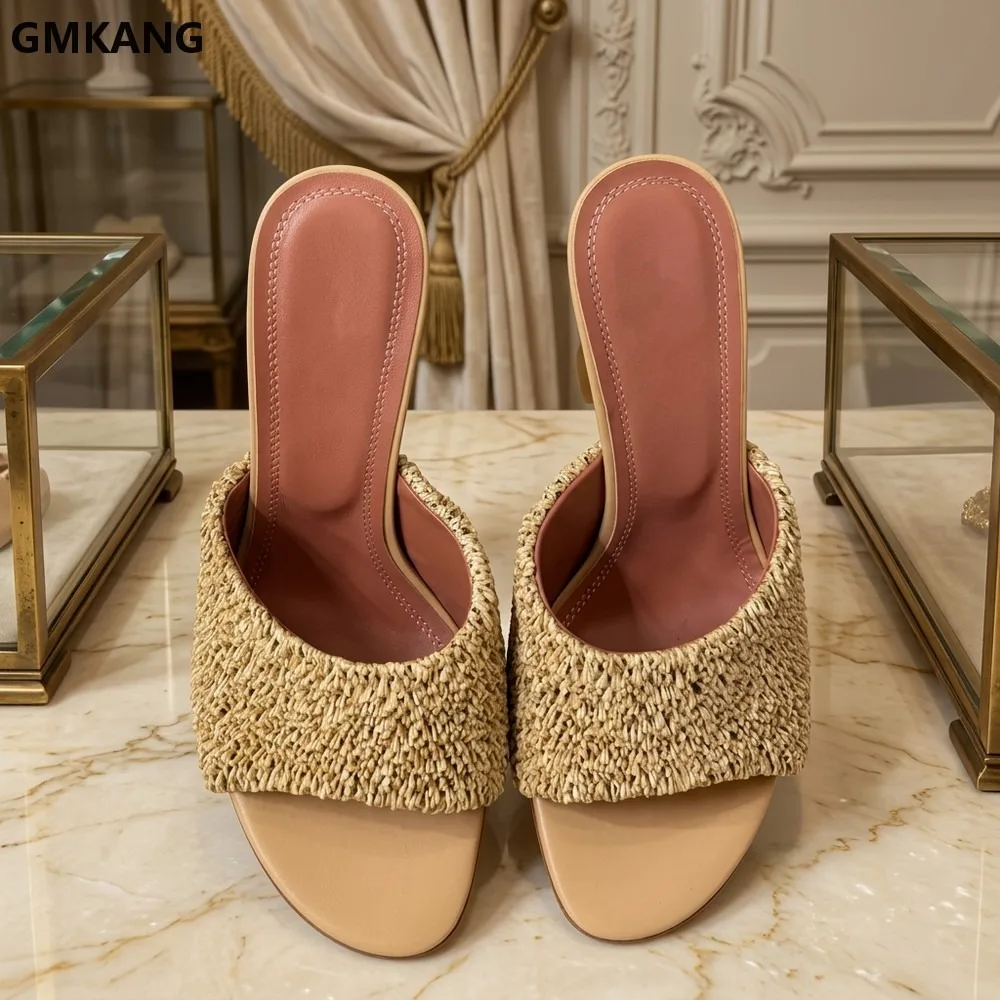 GMKANG Women's Summer Knitted Slip-On High Heels, Round Toe Party Sandals, Comfortable Fashion Heeled Slippers for
