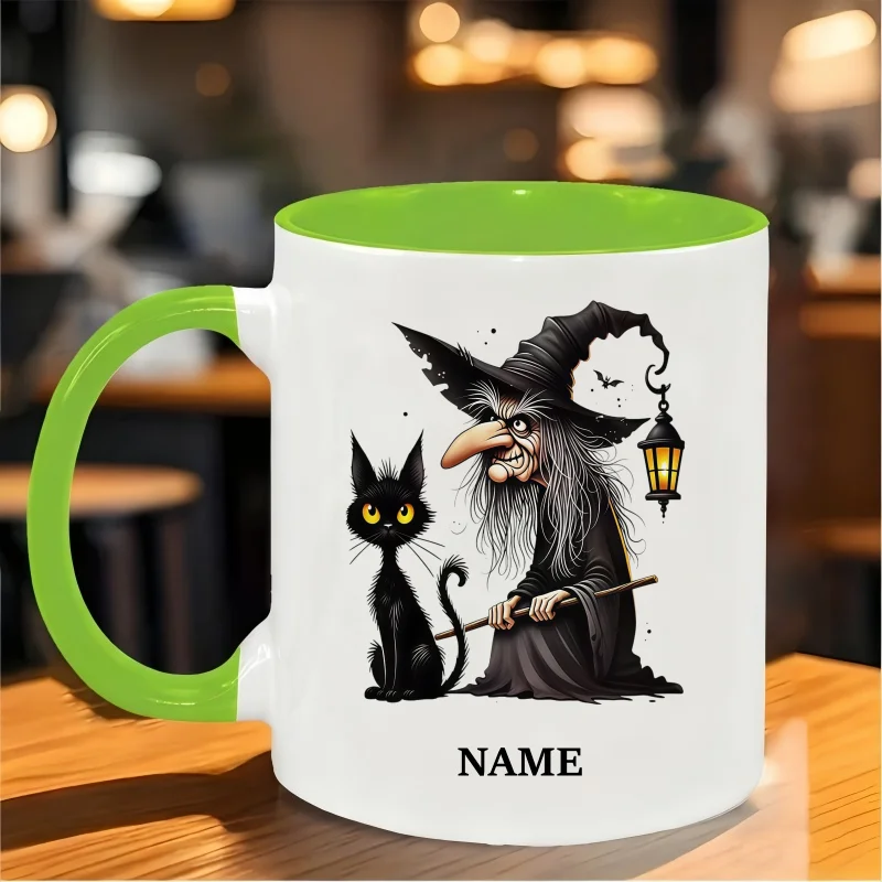 Custom Halloween Witch & Black Cat Ceramic Coffee Mug | Dishwasher & Microwave Safe | Perfect Gift for Birthdays, Thanksgiving,