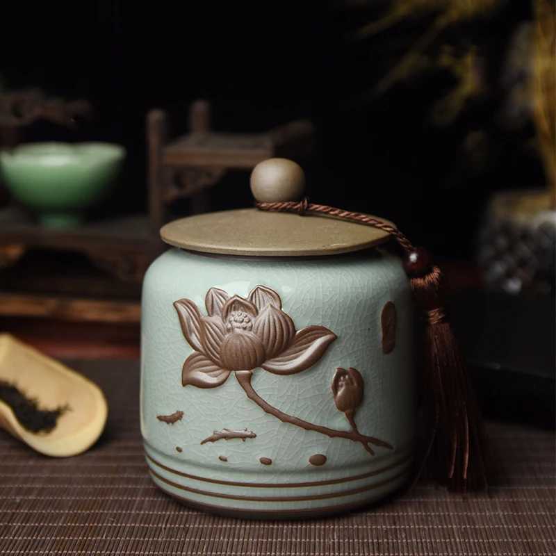 

Tea Pot with Lid Ceramic Household Simple Modern Retro Ge Kiln Sealed Storage Tank Large Mini Pu'er Tea Box Tea Set Accessories