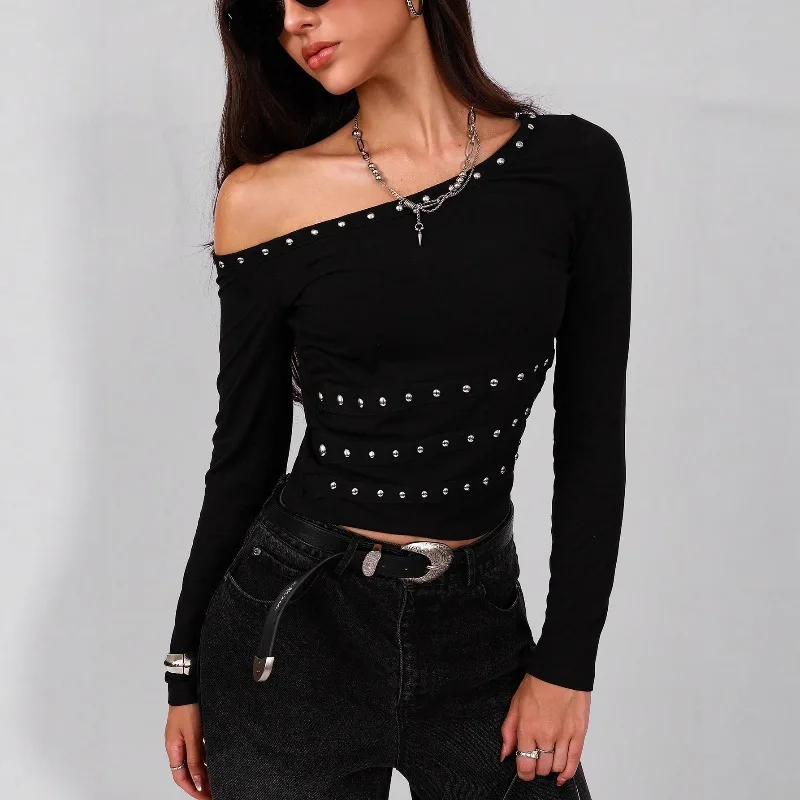 Women Studded Tops Punk Fashion Crop Top Clubwear Fashion Off Shoulder Long Sleeve Solid Slim Fitted T-Shirt Streetwear Outfits