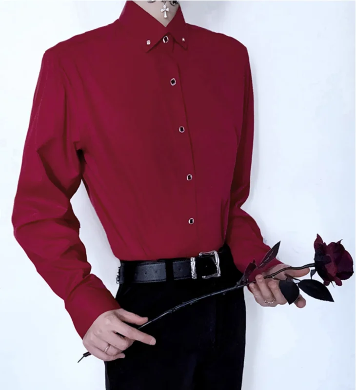 Cosplay Men's Wine Red Pure Cotton Business Wrinkle Resistant and Lron Free Hirt