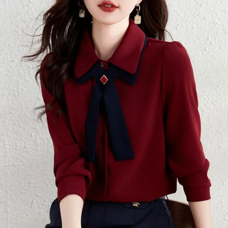 Fashion Casual Basic Shirt Solid Color Women\'s Clothing Turn-down Collar Spring Autumn Spliced Bow Single-breasted Loose Blouse