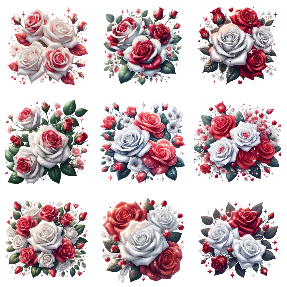 

15cm Kids Red White Rose Flower Iron On Heat Transfer Stickers DTF Iron On Patches For Children's Clothing Decal