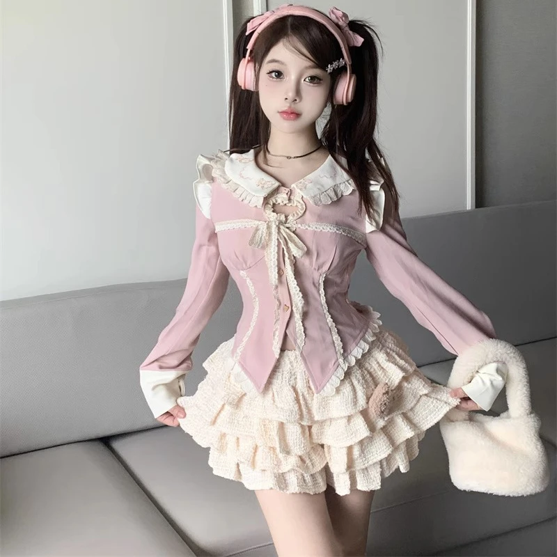 Japanese Style Kawaii Clothing 3 Piece Skirts Set Women Bodycon Slim Even Party Clothing Chic Autumn Lolita Suits Y2k Crop Tops