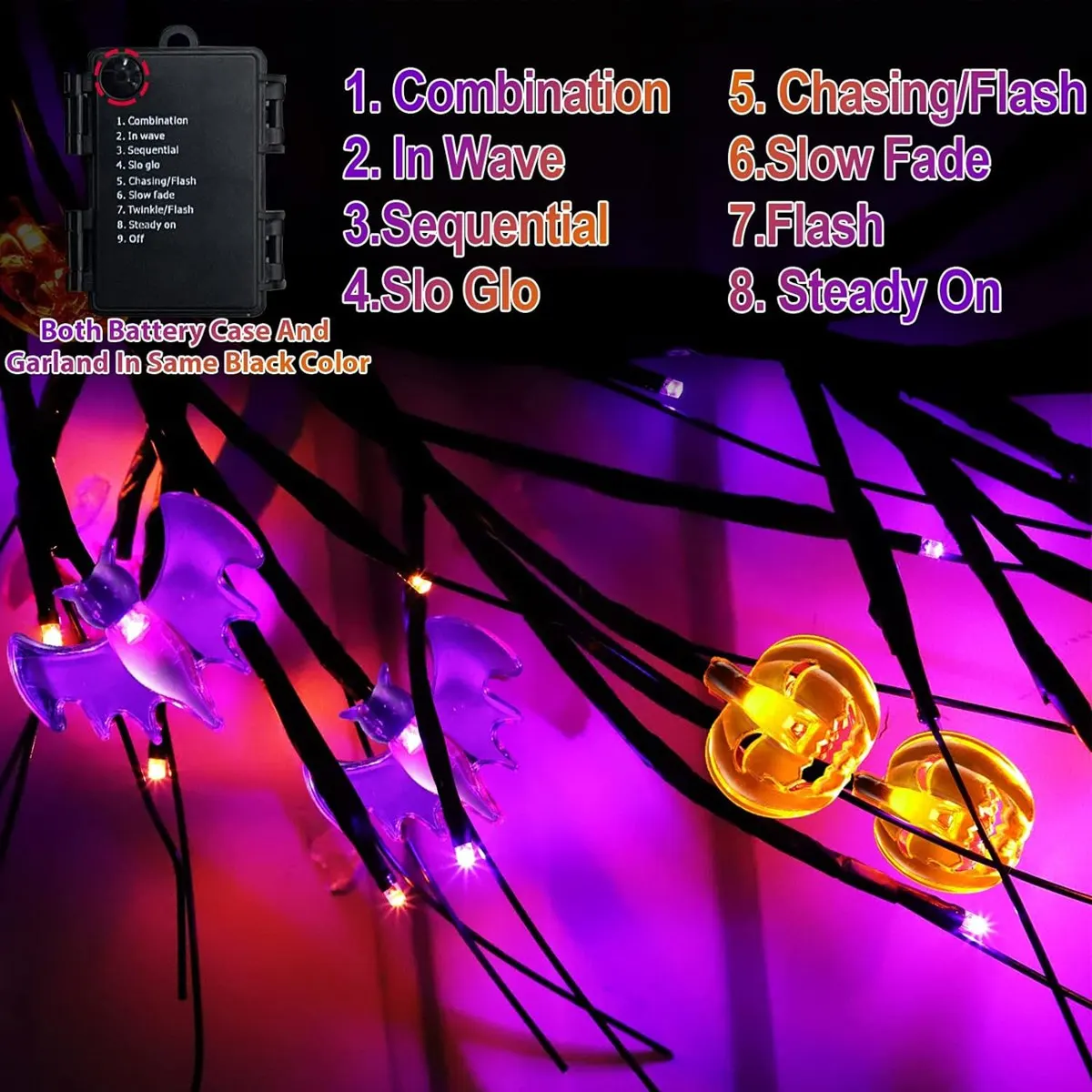 1 pz 1.8M luci di Halloween Black Willow Vine Twig zucca e pipistrello rami decorativi lampada impermeabile a batteria per la casa