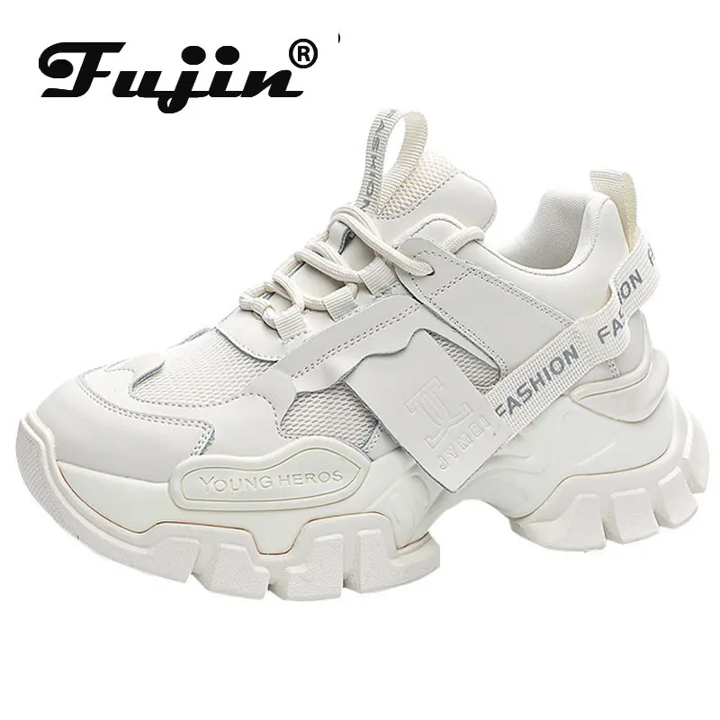 

Fujin 5cm New Air Mesh Genuine Leather Comfy Women Platform Chunky Sneakers Vulcanize Summer Breathable High Brand Casual Shoes