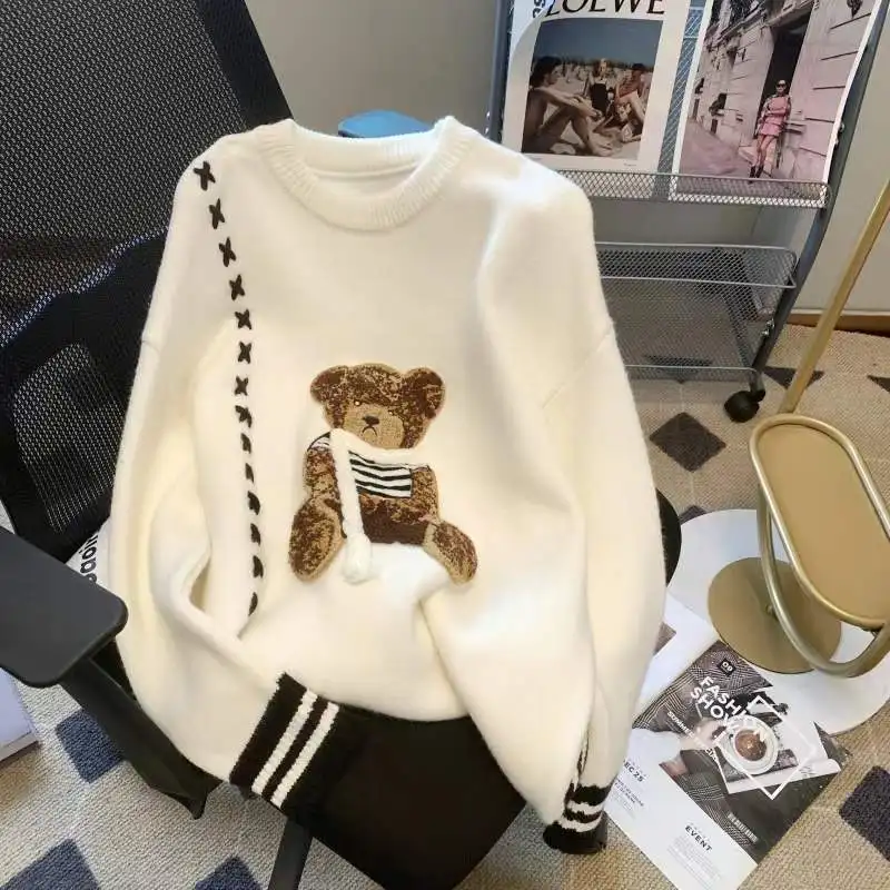 Autumn Winter New Teddy Bear Pullover Versatile Long Sleeve Sweater Knit Sweater Women\'s Korean Lazy Style Anti-aging Top Trend