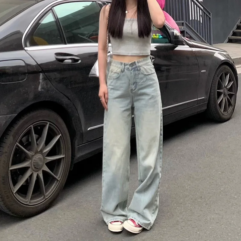 

2026 Hot Sale Lady Fashion High Waist Jeans Female Korean Ins Solid Denim Trousers Girls Fashion Thin Straight Leg Pants