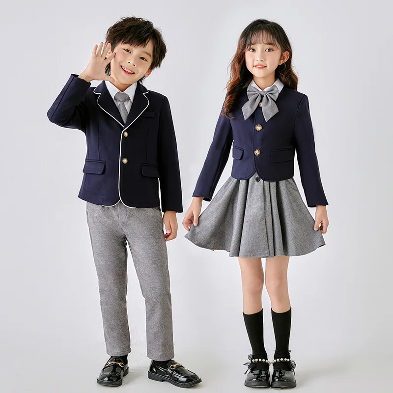 Kids School Uniforms Girls British Japanese Navy Jacket Suit Dress Boys Blazer Formal Outfits Chidren Student Clothes Class Sets