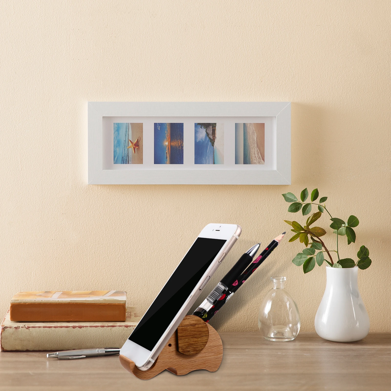 

1Pcs Elephant-Shaped Wood Phone Stand Holder Pen Container Desktop Cell Phone Rack Bracket for Smartphones Tablets Decorative