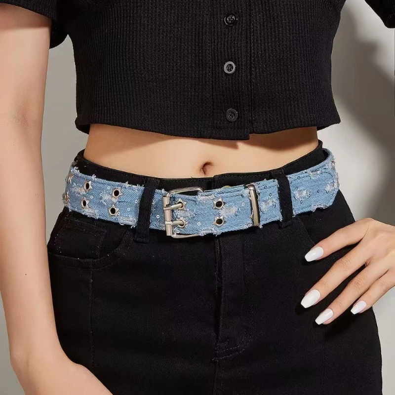 Distressed Ripped Denim Star-Studded Pin Buckle Belt, Black and Blue Vintage Washed Canvas Belt, Y2K Millennial Style, Personalized Decorative Waist Belt for Jeans and Cargo Pants, Fashionable Unisex Couple Belt