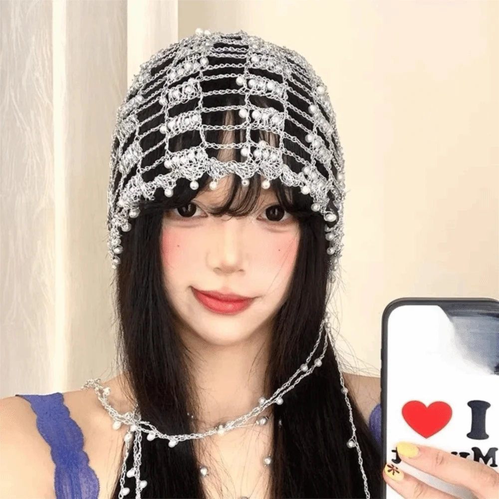 Stylish Handmade Beaded Hat Pearl Beaded Metal Chain Hollow out Slouch Cap Openwork Tassel Chain Pullover Hat Party