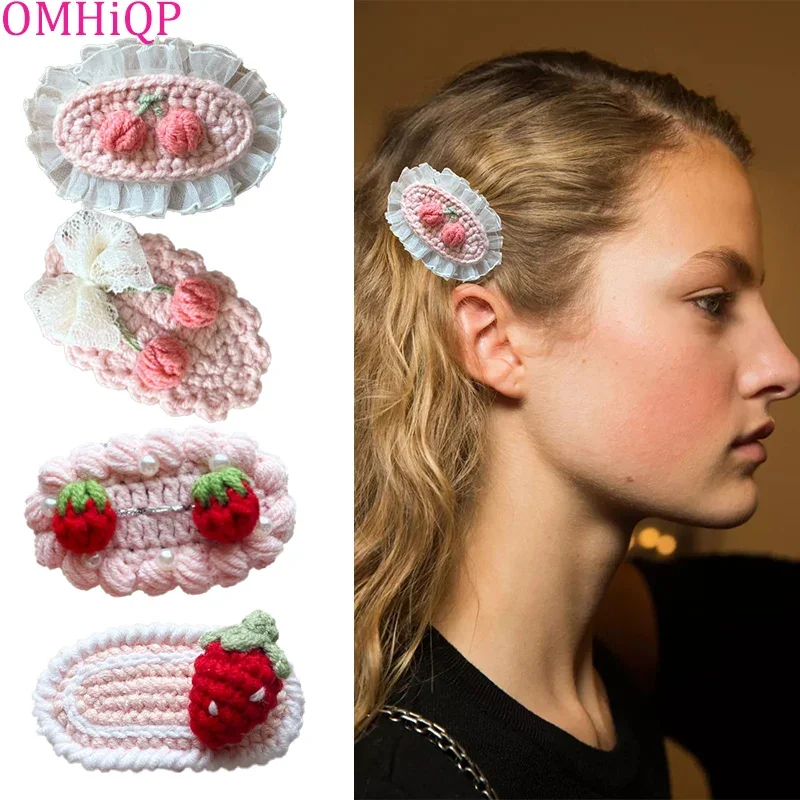 1 Pcs Handmade Wool Knitting Strawberry Vintage Hairpin Children Crochet Hair Accessories Girl Trim Clip Sakura Pink