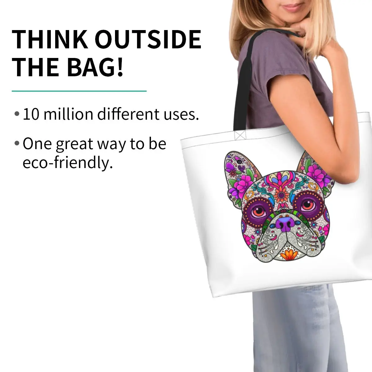 Mexican Day Of The Dead Dog Frenchie Shopping Tote Bag Canvas Large Capacity Shoulder Bags Shopper Grocery Handbag for Women