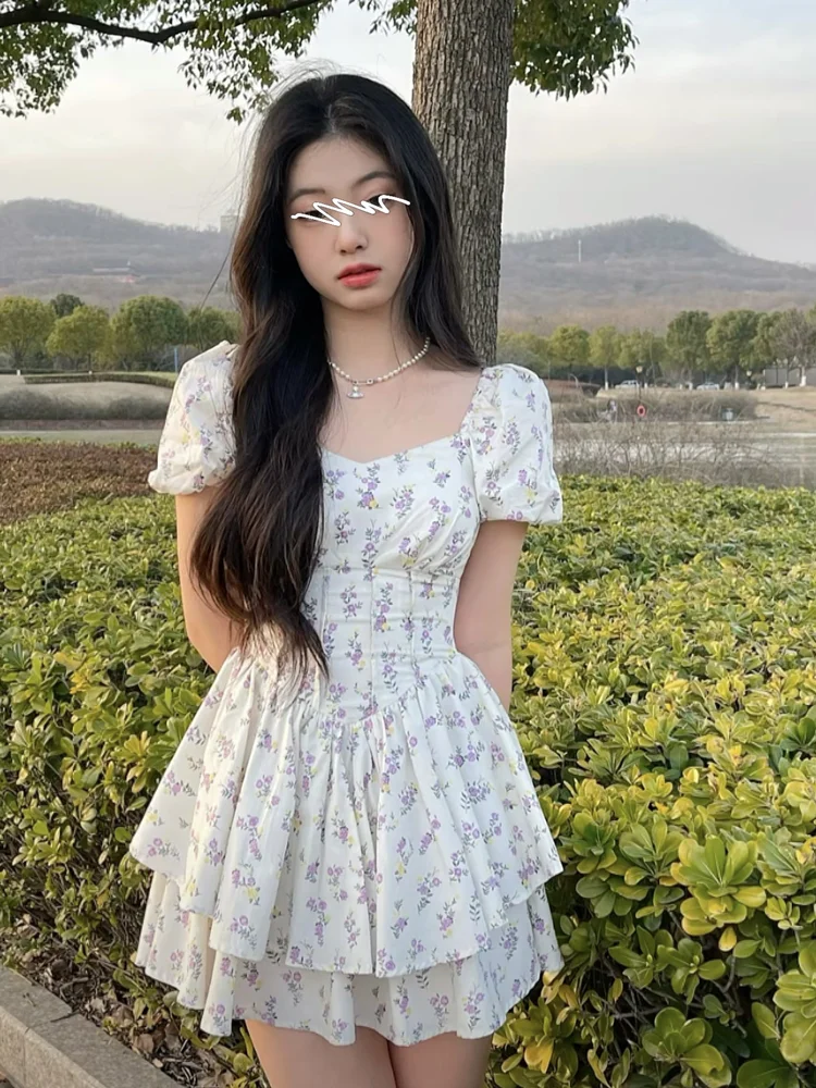 

Floral Print Women's Dress Summer 2023 Square Collar Bubble Sleeve Waist-Cinching Fairy Tale Gown Korean Style A-Line S...