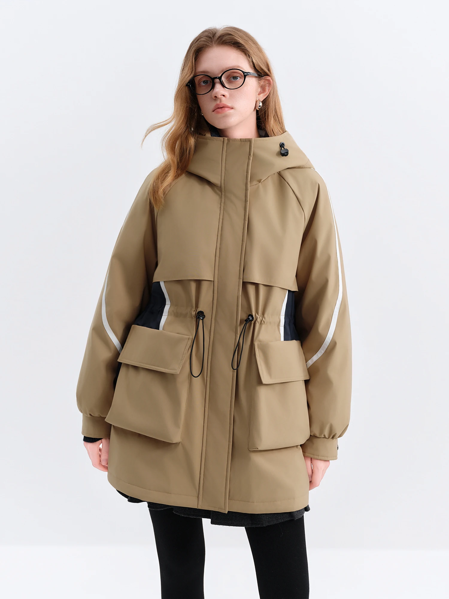 FSLE 2025 Autumn Winter Women's Stand Collar Hooded Color Block Puffer Coat Retro Belted Waist Down Jacket Vintage Parka Coats