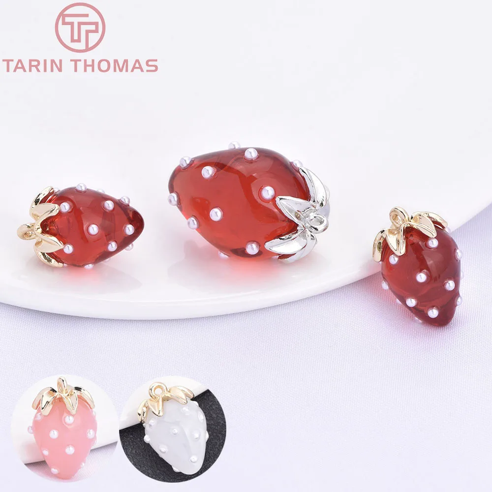 (10593) 4PCS 18K Gold Color Brass Pearl embellished hollow strawberry shaped Pendants High Quality DIY Jewelry Making