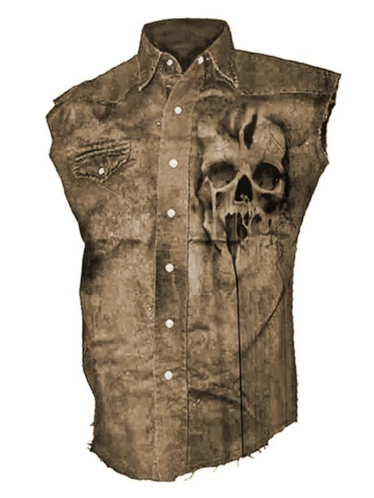 Men Distressed Sleeveless Denim Vest 3D Skull Print Punk Motorcycle Street Shirt