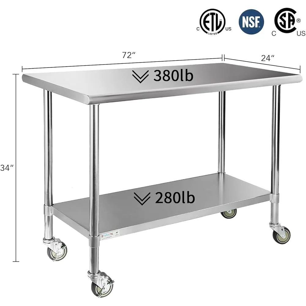 Commercial Grade Stainless Steel Work Table with Wheels Adjustable Undershelf Kitchen Garage Restaurant Laundry Use