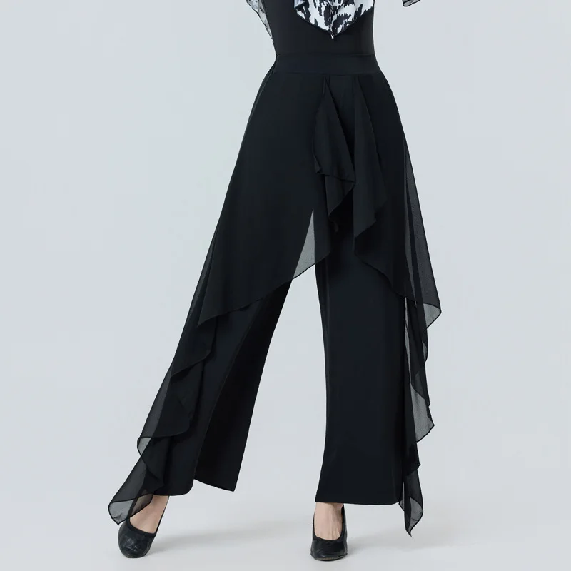 Modern Dance Hosen Frauen Latin Hosen Neue High-Waist Rüschen Breite Bein Hosen Nationalen Standard Hosen Ballroom Dance kostüme