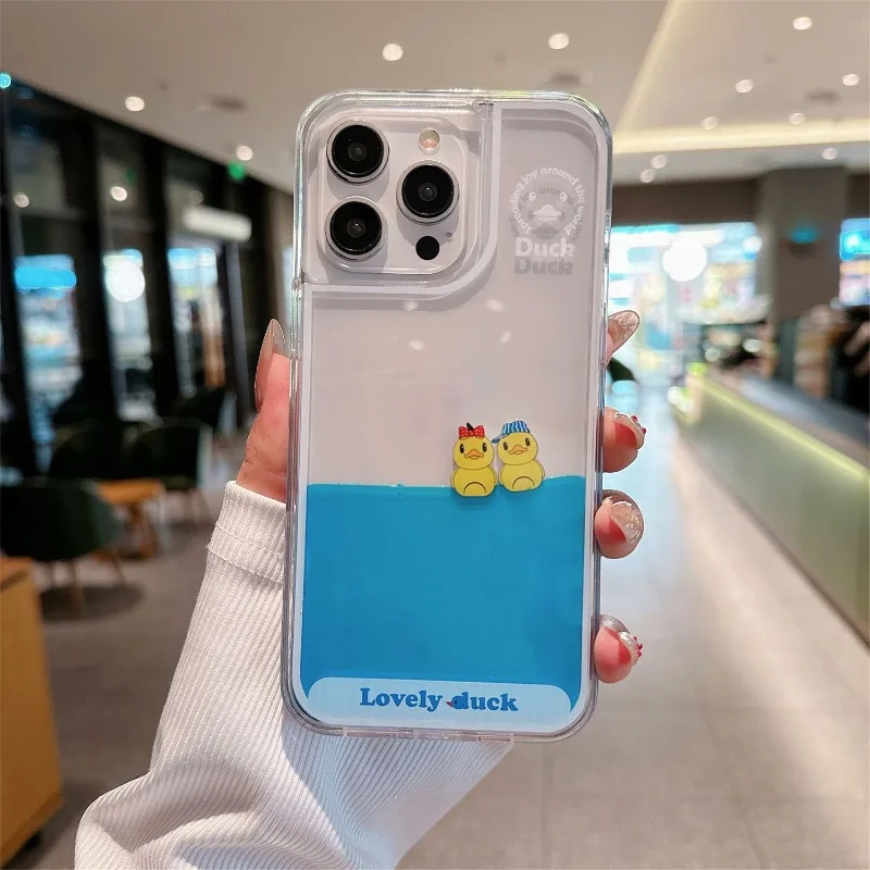 New Cartoon Cute Little Duck Quicksand Phone Case for IPhone 12 13 14 15 16 Pro Max Plus Protective Case All-inclusive Girl Gift - view 2