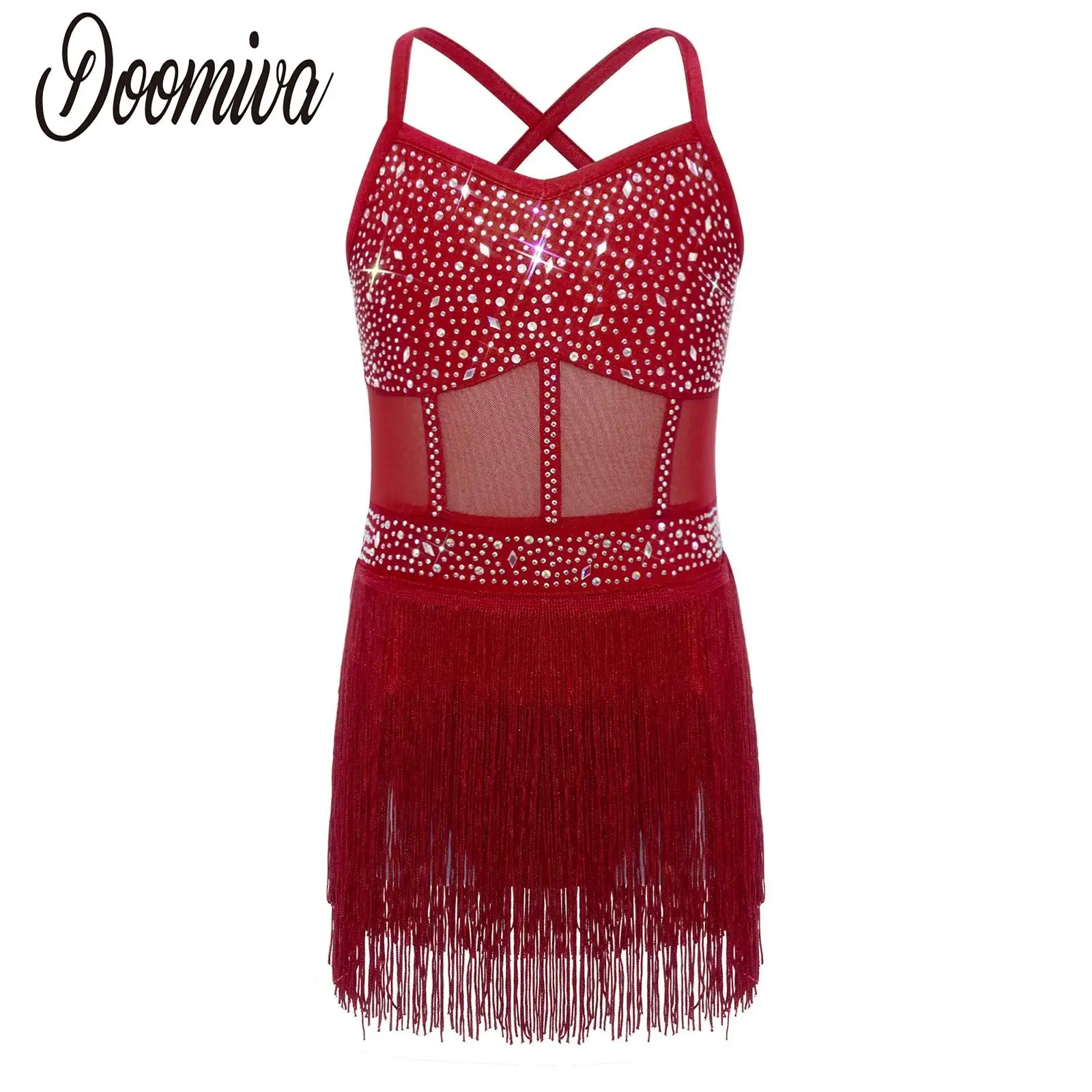 

Детское трико для латинских танцев ча-ча для девочек, платье со стразами, костюм для самбы и танго, цельное боди с прозрачной сеткой и бахромой, одежда для джазовых танцев