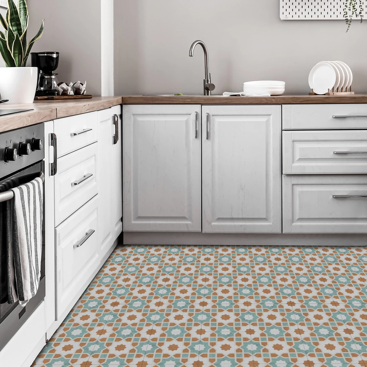 Alwayspon 7.87x7.87/11.81x11.81inch Black, WhiteandBlueWaterproofNon-Slip Floor Tiles Decal for Kitchen Bathroom Living Room, Vi