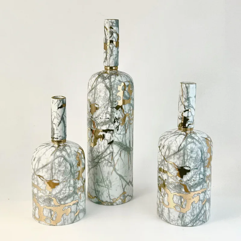 Marble gold pattern three-piece set, narrow mouth ceramic vase, home flower decoration handicrafts wholesale