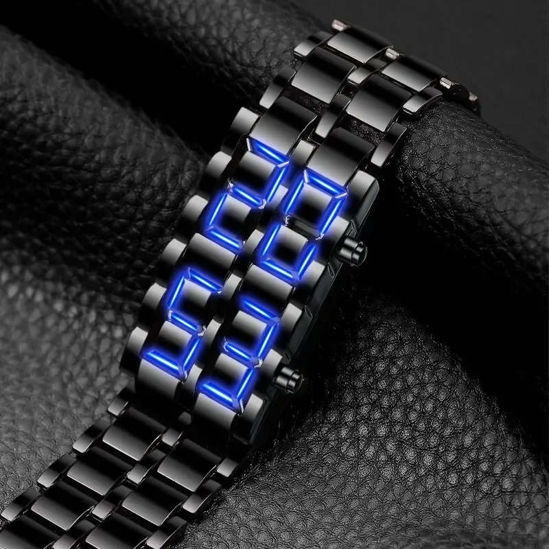 2025 Orologio da polso da uomo in lava digitale completamente in metallo nero moda con display a LED blu Orologi da uomo Regali per orologio sportivo creativo da ragazzo maschio