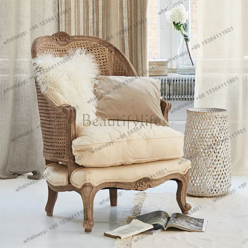 

American rattan back sofa chair small apartment single leisure solid wood tiger chair