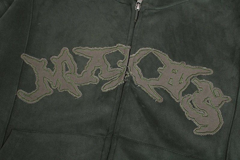 Zamszowa Krótka Bluza z Kapturem Czarno-Zielono-Różowa z Podwójnym Zamkiem, Naszywką Haftowaną i Etykietą, Męska Damska, High Street Casual, Pulower z Kapturem