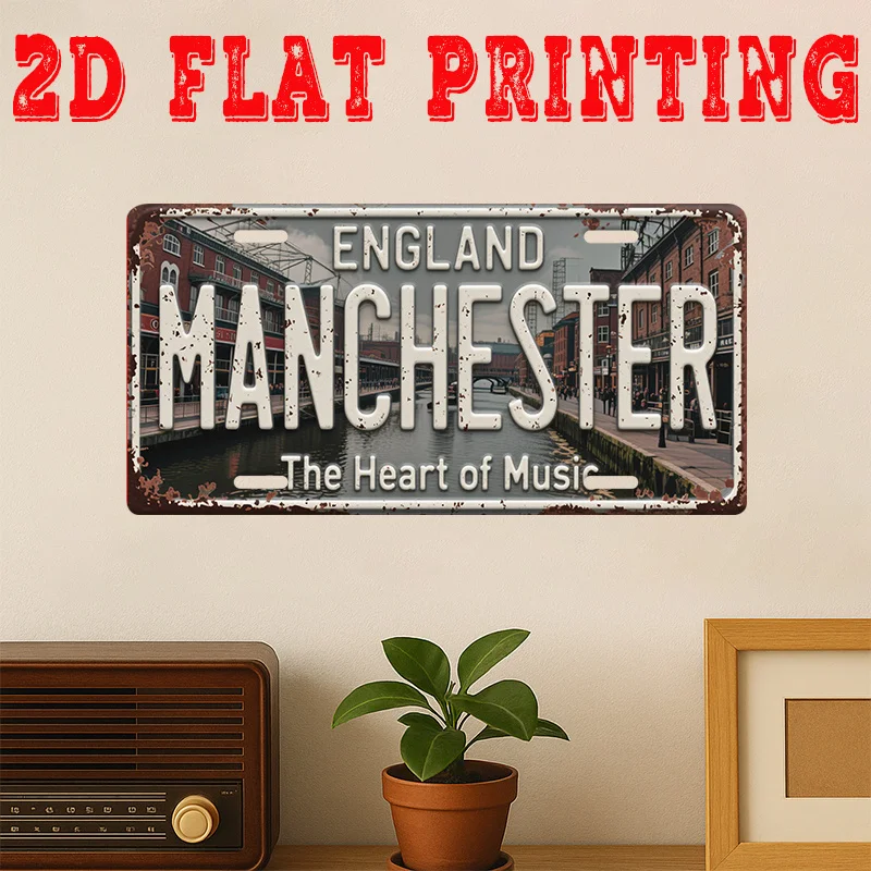 England Manchester „The Heart of Music“ 2D Flachdruck Nummernschild-Stil Metall-Blechschild, Britisches Stadtthema Dekoratives Aluminiumschild